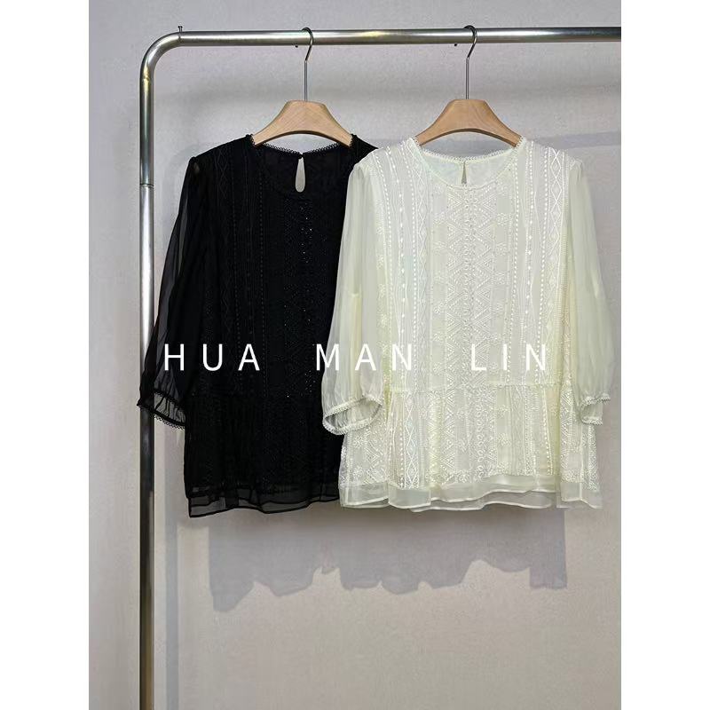 【花滿林】两色圆领重工刺绣真丝桑蚕丝上衣55281