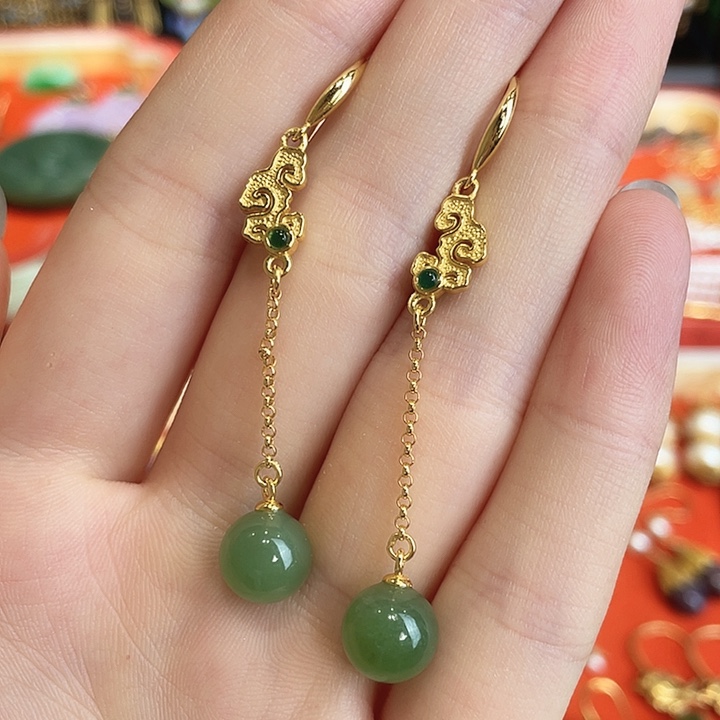 银S925镀金镶嵌和田玉（碧玉）耳环