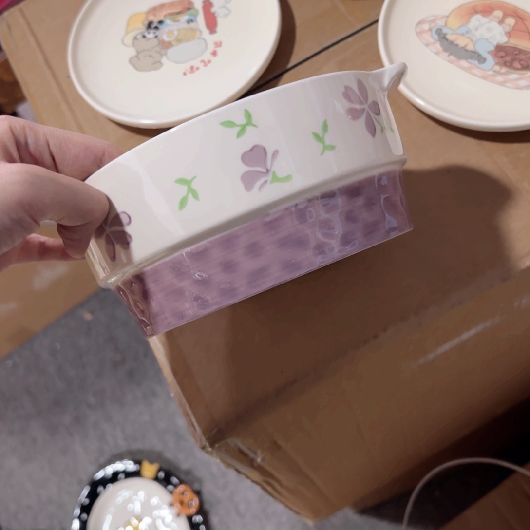 陶紫色双耳七寸面碗