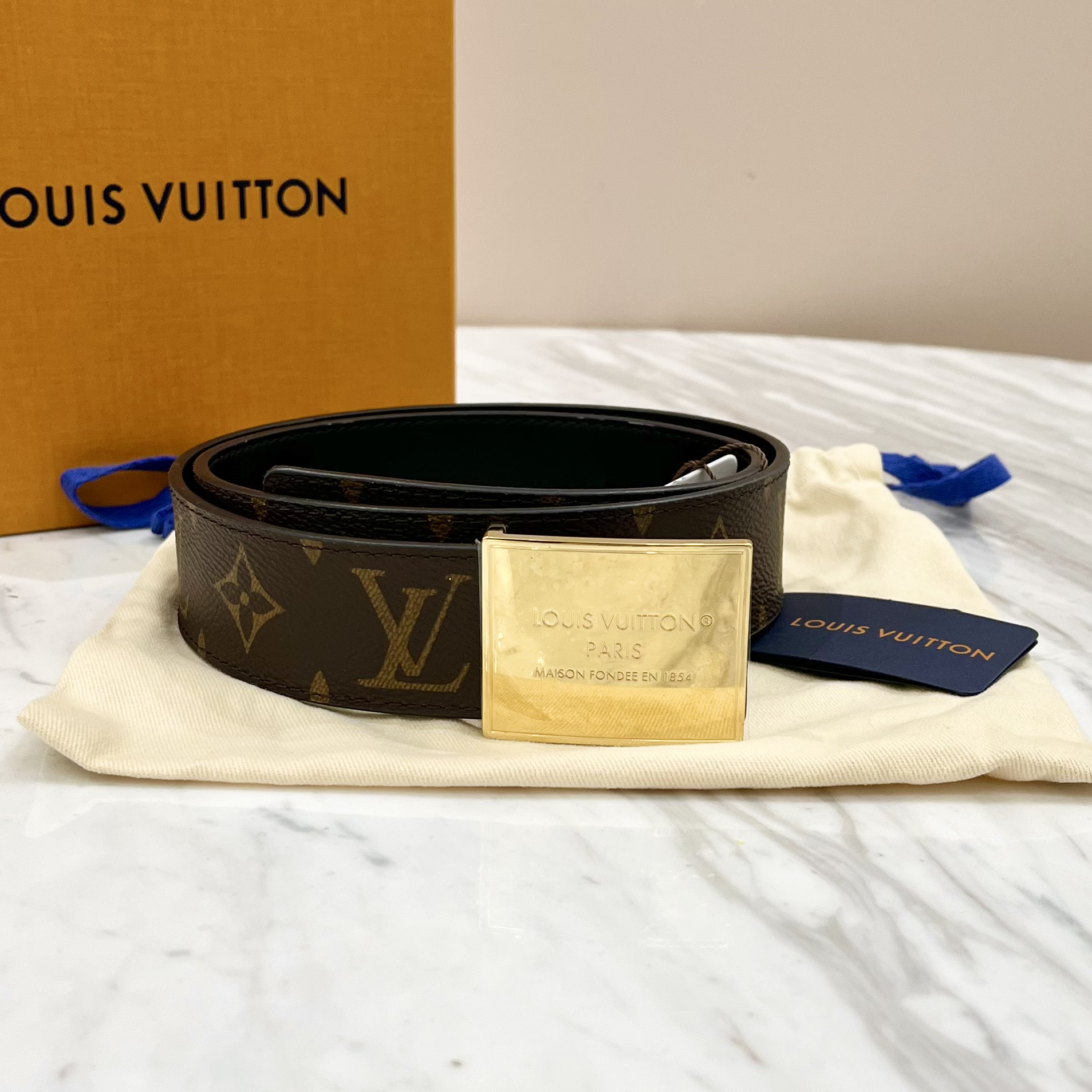 99新 LouisVuitton/路易威登 老花拼黑金头皮带 75码 3.5宽