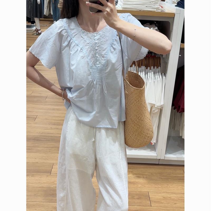 【歡囍夏季清仓】v领轻薄透气麻料上衣夏日透气小衫