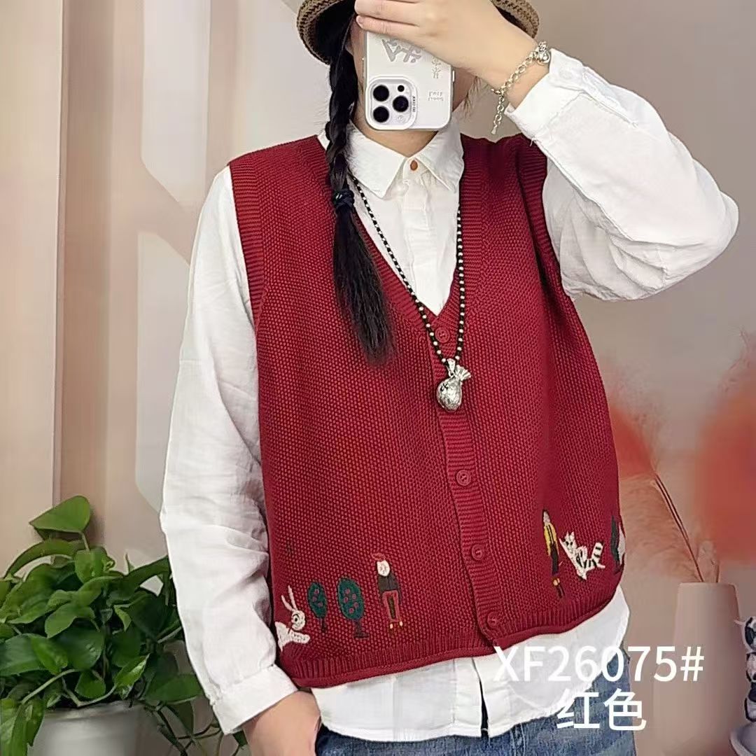 秋季新款针织衫V领开衫刺绣上衣马夹复古马甲