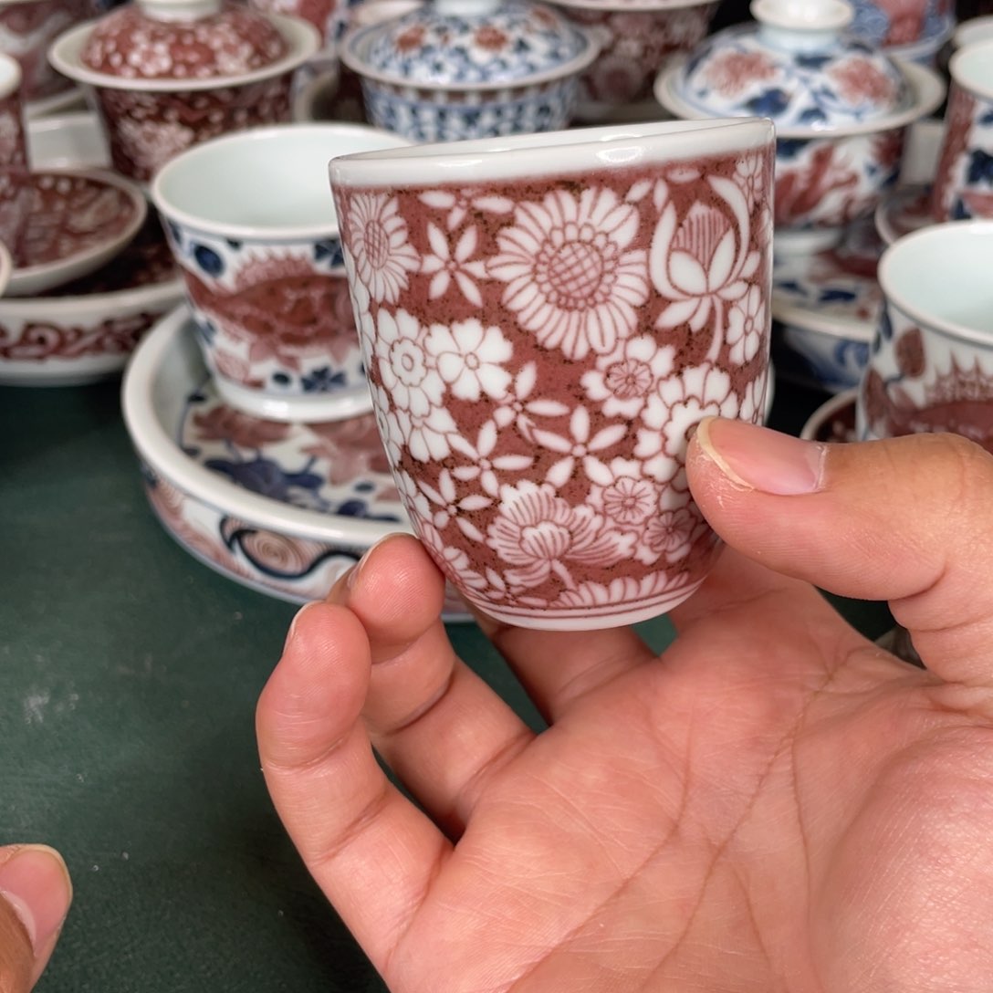 瓷片空谷元坊原矿釉里红纯手工手绘