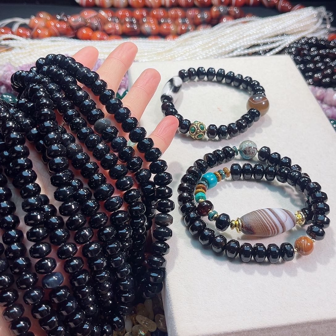 玛瑙/玉髓未镶嵌珠宝半成品10mm黑玛瑙车轮一条