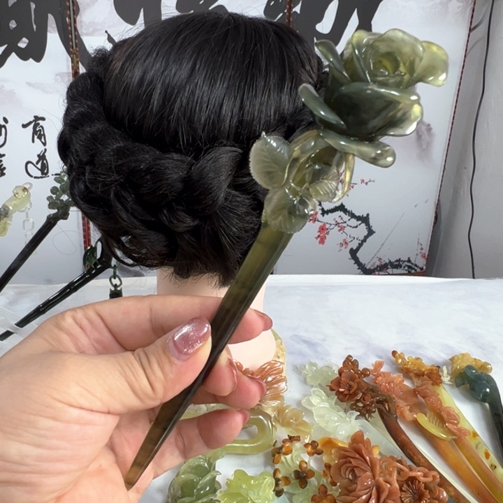 定制蛇纹石玉馨**月毛货发饰
