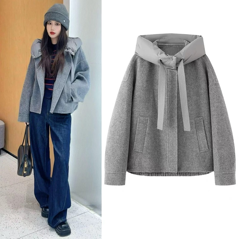 2025秋冬季新款时尚百搭休闲宽松双面呢纯色连帽毛呢外套女