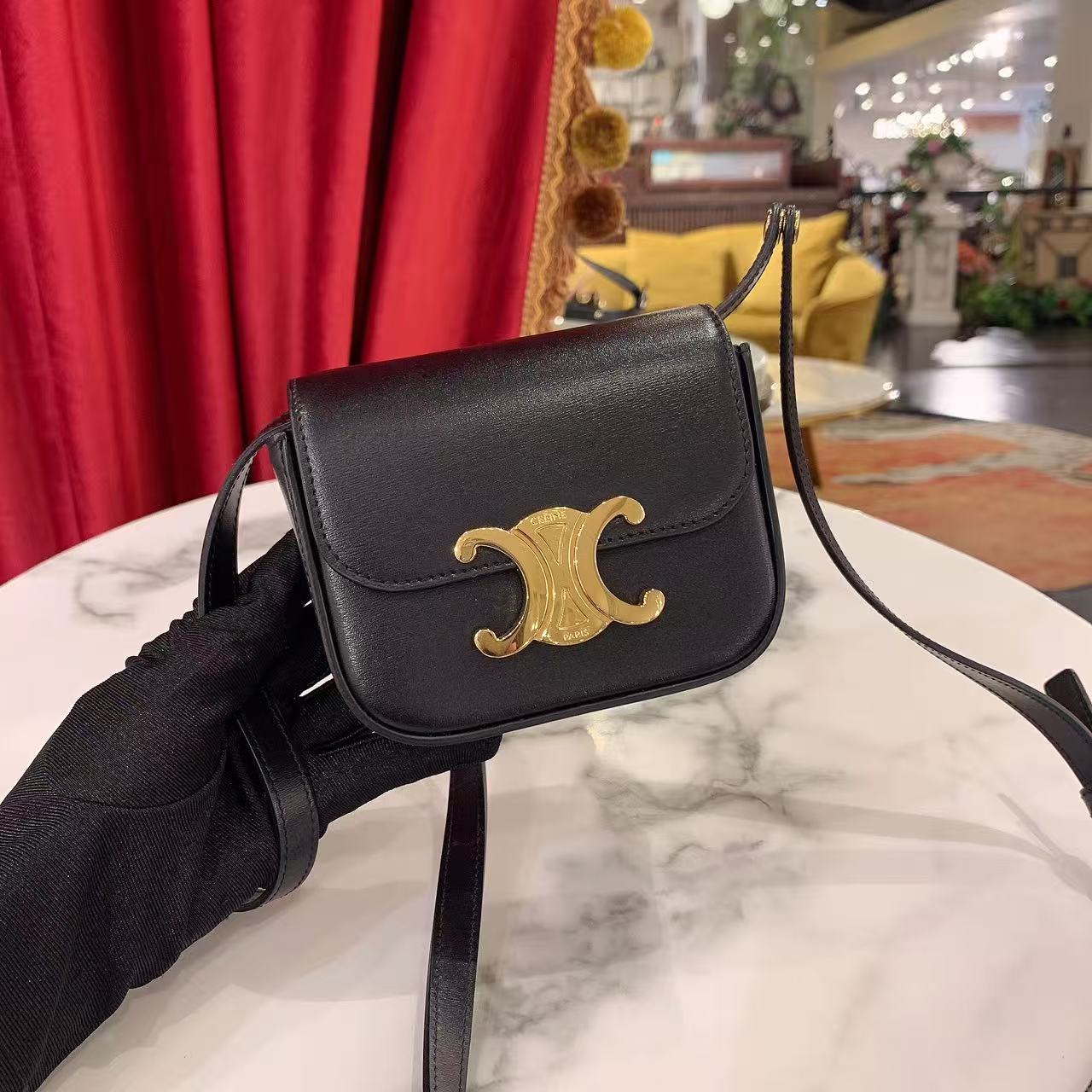95新 Celine/思琳 GGS瑟琳凯旋门mini黑金牛皮单肩包91662995