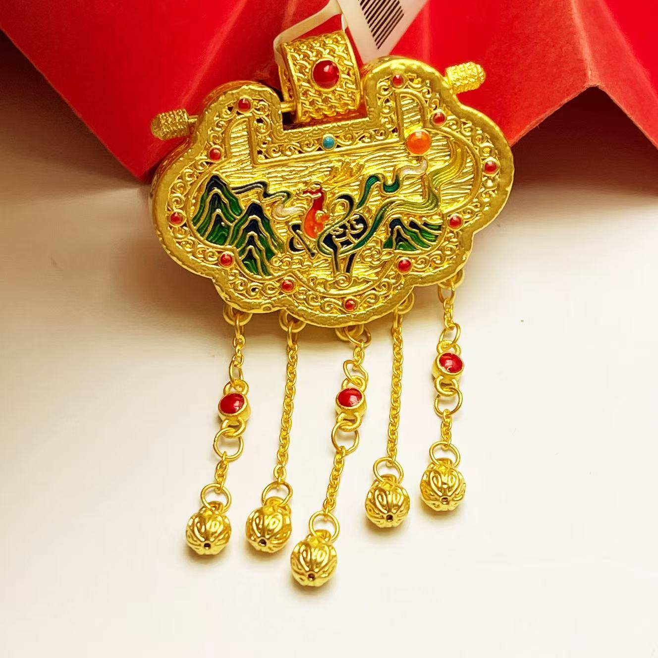 姐妹黄金 足金999珐琅福禄双全流苏吊坠