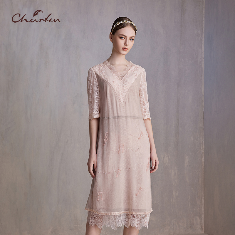 【媛媛专享】朝峰夏季层叠V领设计师蕾丝轻奢连衣裙CFE3A309-3010G