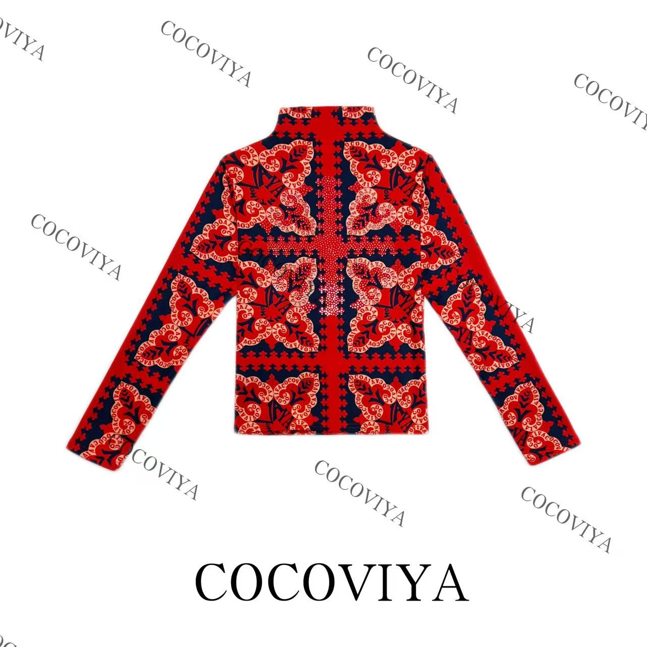 【C】COCOVIYA加绒高领长袖上衣红黑撞色复古花纹印花26C-1024