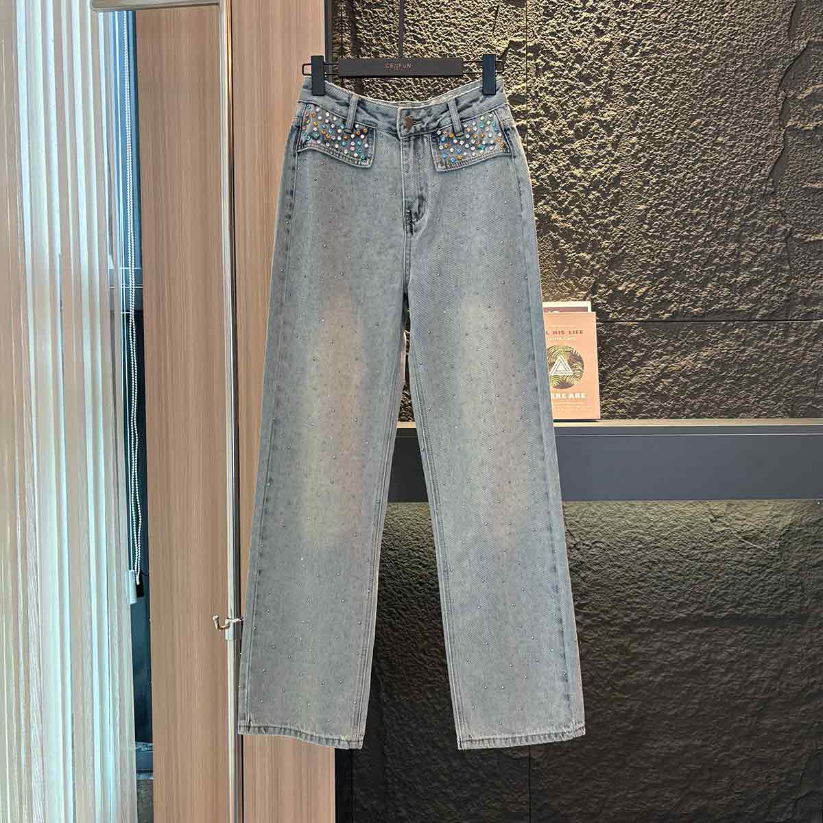 冬季厚款高腰春季高弹磨毛牛仔裤休闲蓝色宽松长裤