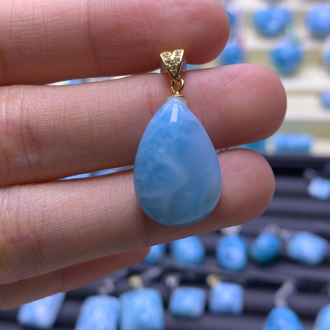 针钠钙石（海纹石）银S925镶嵌吊坠(不含链)水滴吊坠色差略异