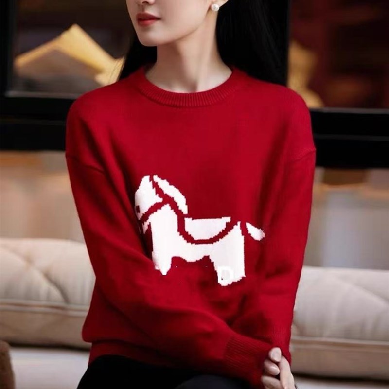 2026马到成功小马提花100%纯羊毛新春红羊毛打底衫上衣毛衣