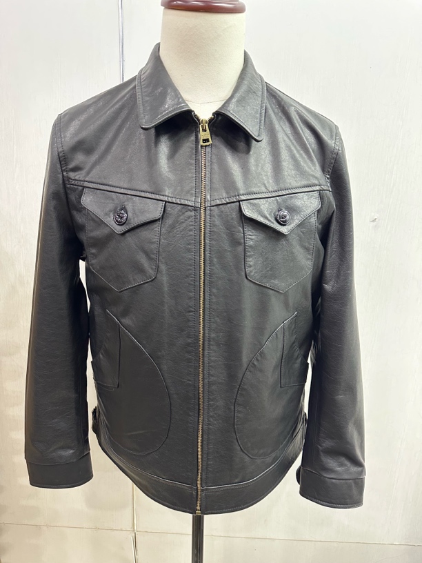 门多萨短款牛皮男士复古翻领机车皮夹克农场主修身真皮皮衣外套