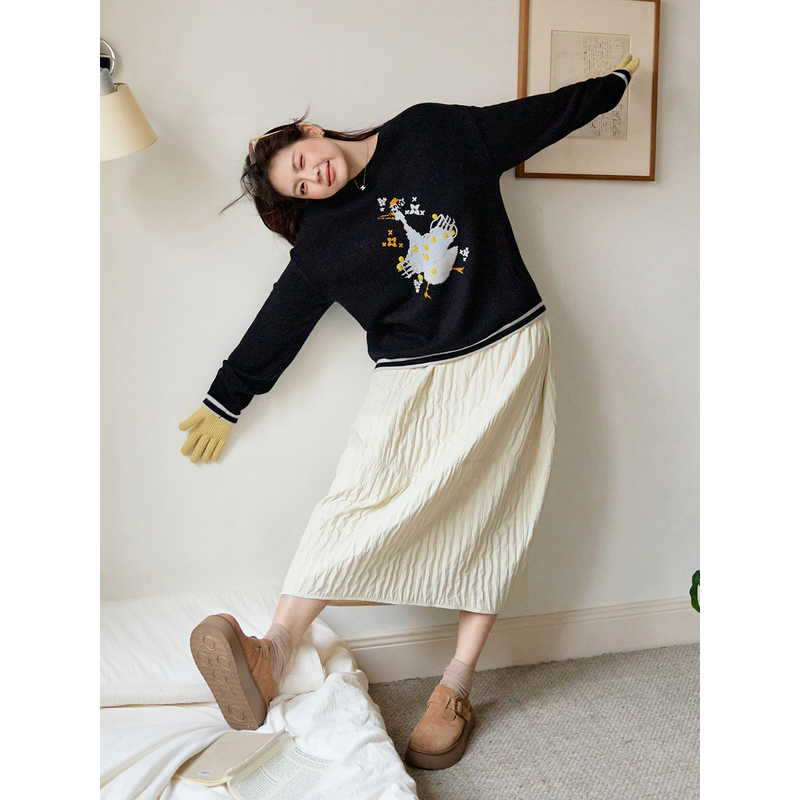 ALINDM【减龄图案】大码微胖mm针织上衣圆领套头毛衣-L80601