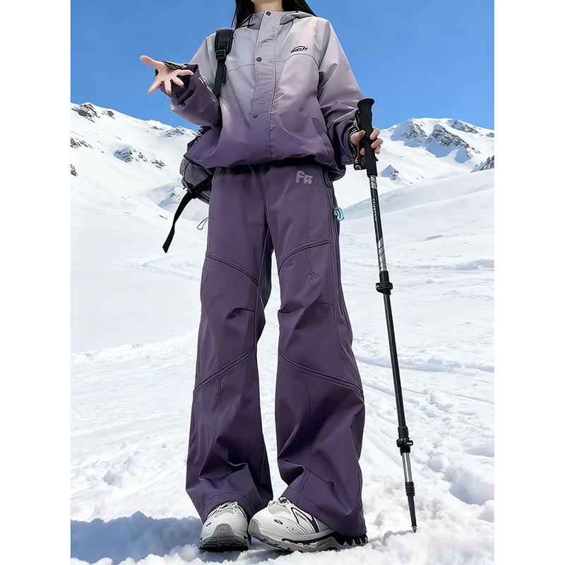 紫色三防软壳冲锋裤女秋冬加绒加厚防水防寒滑雪裤机能伞兵工装裤