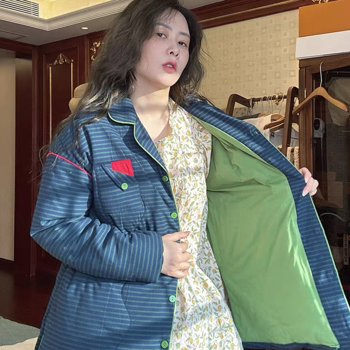 族玛士 普鲁士蓝夹棉加绒家居服套装