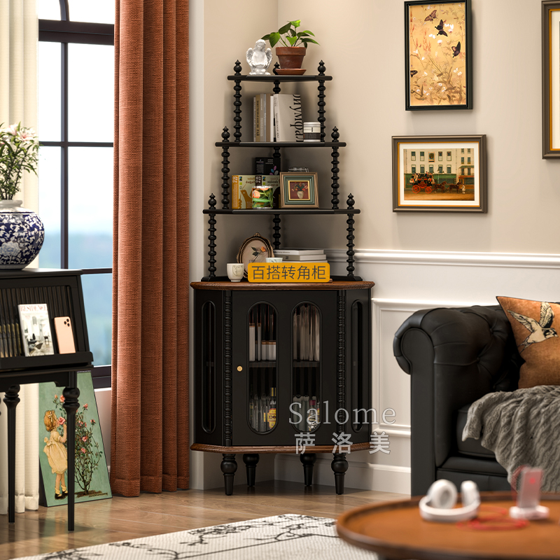 【新品】实木客厅转角柜三角柜中古风墙角柜置物架靠墙卧室拐角柜