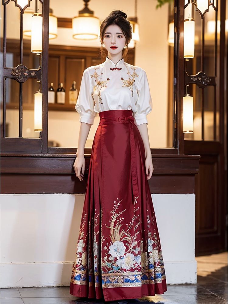 五分袖刺绣上衣马面裙套装2025夏季新款新中式复古气质国风两件套