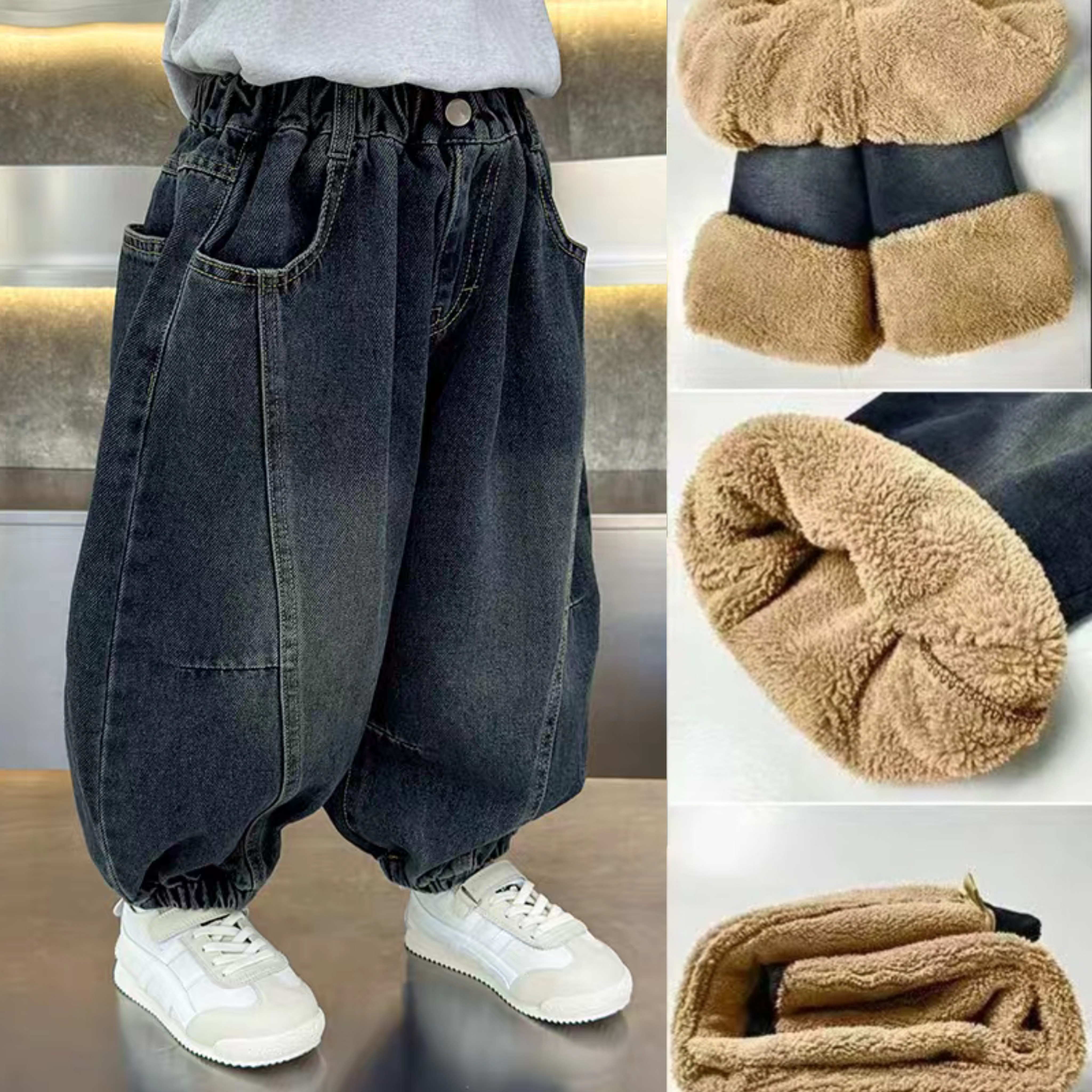 【加厚羊羔绒】男童牛仔裤2025新款儿童男孩冬款百搭一体绒运动长裤