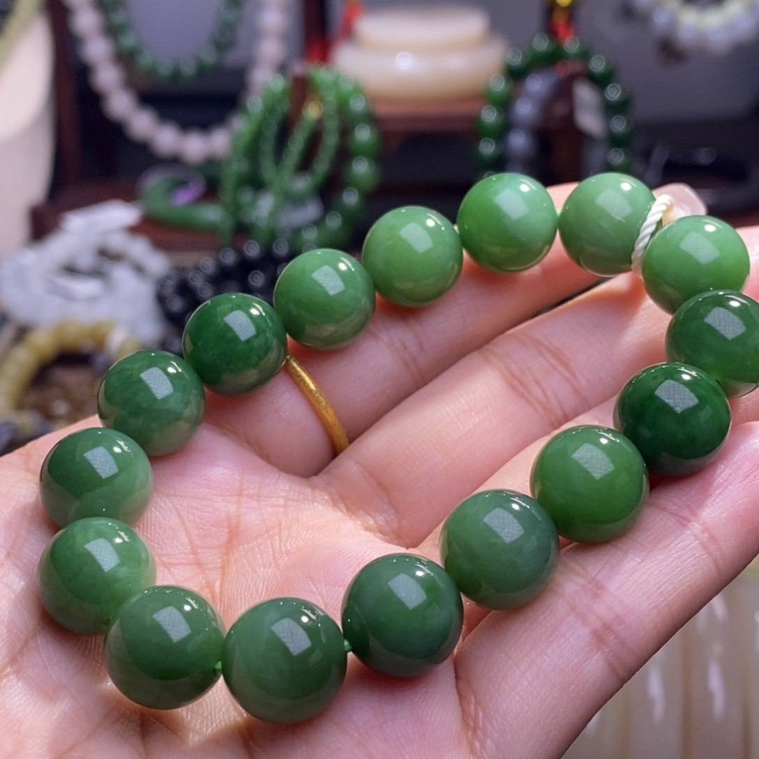 和田玉孤品补贴老矿料碧玉毕业级手链12m未镶嵌