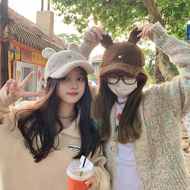 羊羔毛绒球帽帽子女秋冬季时尚显脸小百搭韩版潮大围兔耳朵鸭舌帽