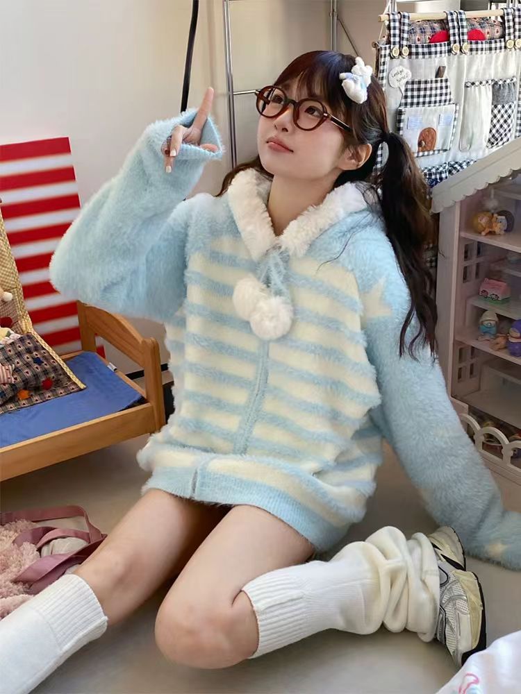 【1-30】秋冬毛衣女开衫外套慵懒风连帽长袖宽松软糯针织衫
