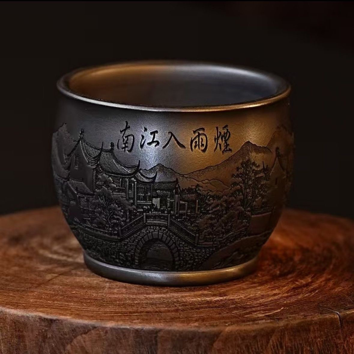 宜兴原矿紫砂杯全手工刻绘烟雨入江南房屋杯江南水乡石黄主人杯