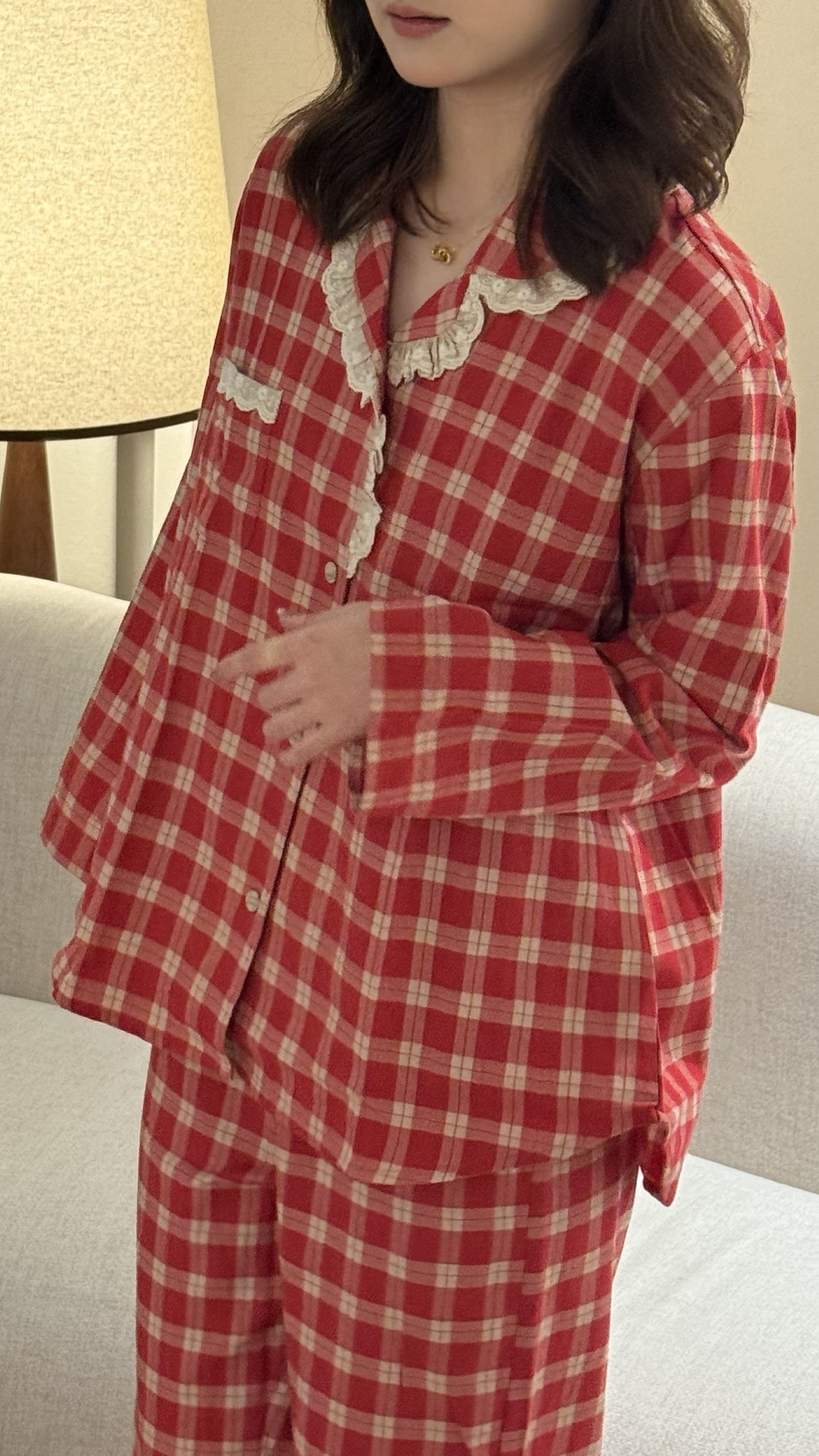 VINEEMAN【绯格蕾丝】韩版成人长袖家居翻领青年宽松秋季格子睡衣