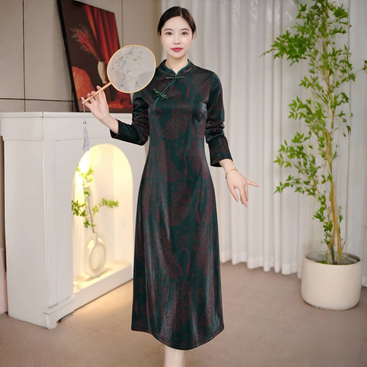 新中式秋季琉璃丝改良版旗袍裙洋气时尚显瘦大码妈妈装7335