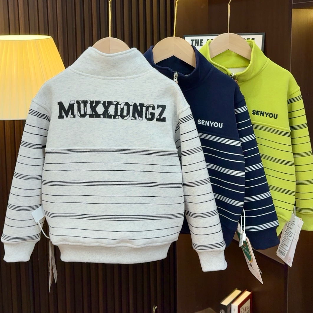 儿童蚕丝羊毛卫衣秋冬新款男童条纹立领加绒拉链上衣中大童25DK03