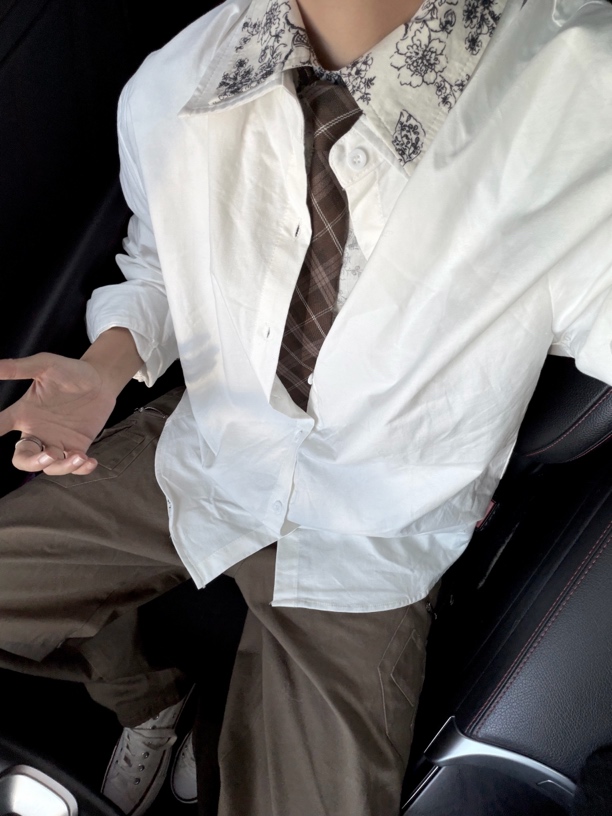 新复古假两件国风少年肌理感白色长袖衬衫男女宽松通勤百搭上衣