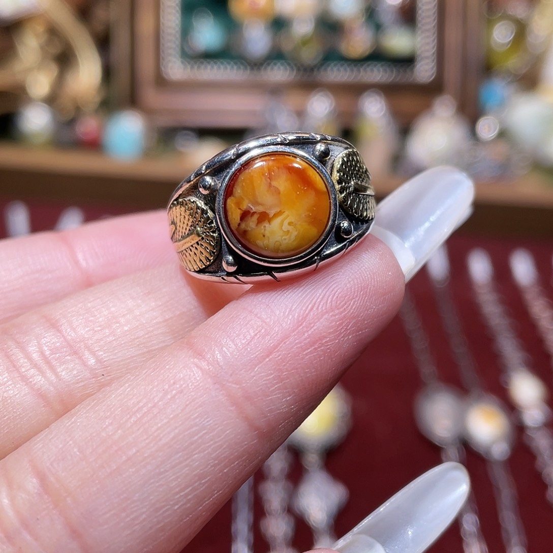 像***浮银S925镶嵌琥珀戒指戒指