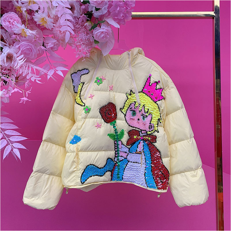 QD1699欧美风设计师2025冬季新款重工钉珠刺绣亮片卡通羽绒外套女