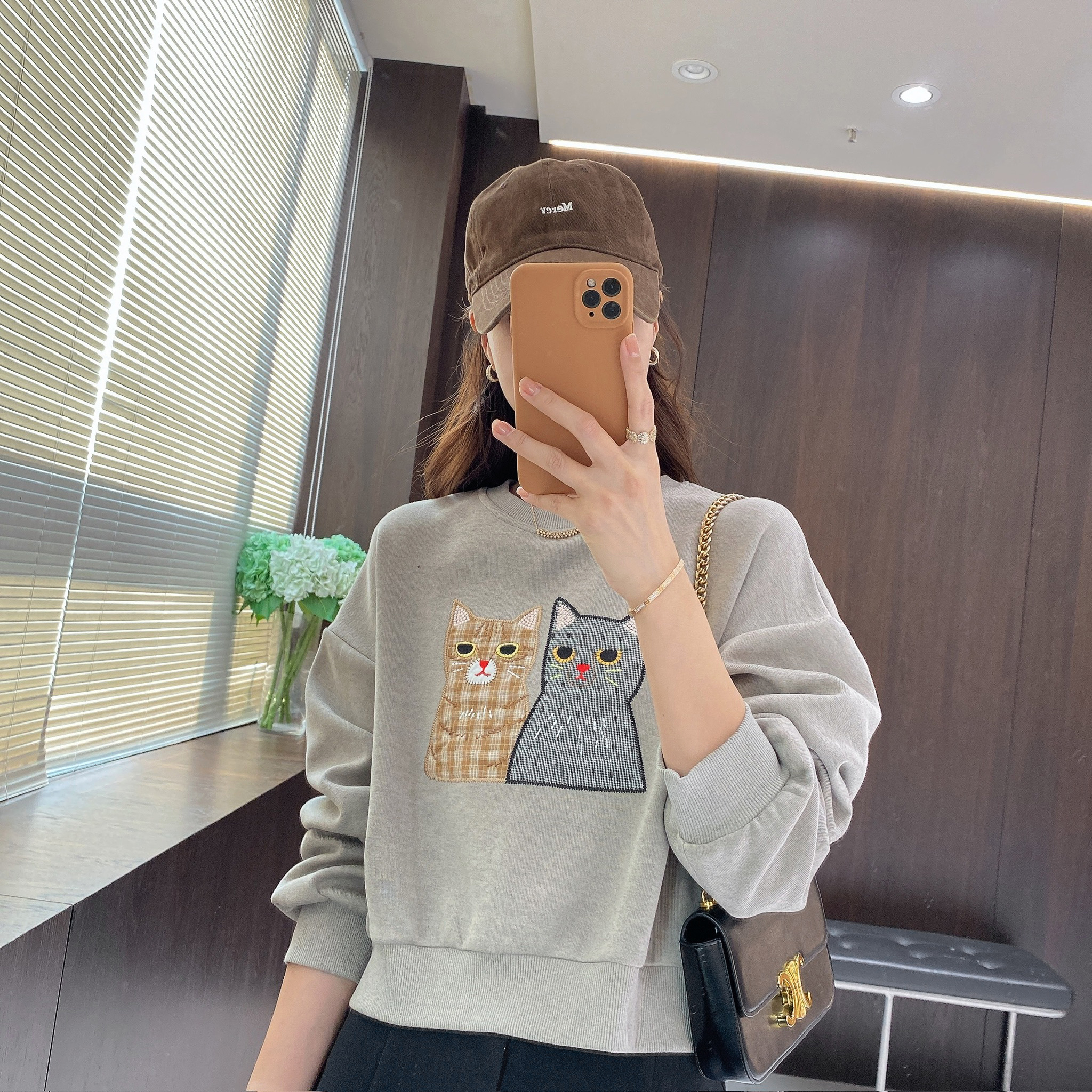 IMFLY金小金自制女装 卫衣DYW9890秋季韩系格子猫咪套头卫衣