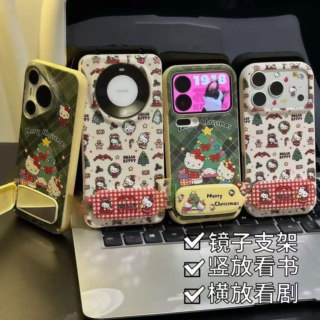圣诞格纹Kitty猫皮纹适用iPhone16小米17手机壳华为p80vivoppo软
