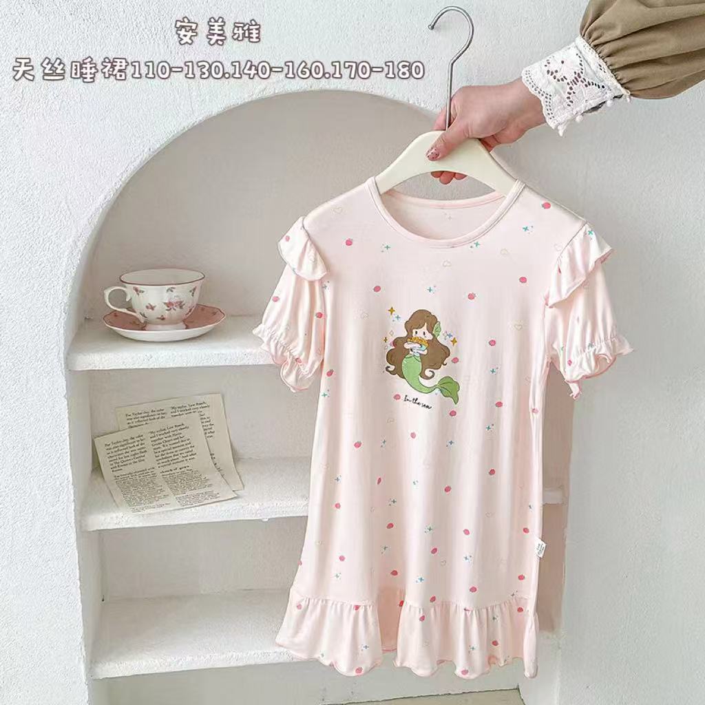 夏季睡裙蕾丝领口花边底薄款公主卡通甜美印花