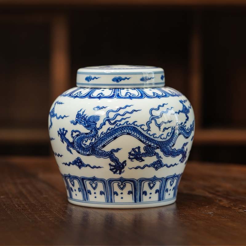 青花龙纹茶叶罐中式纯手工高档大号