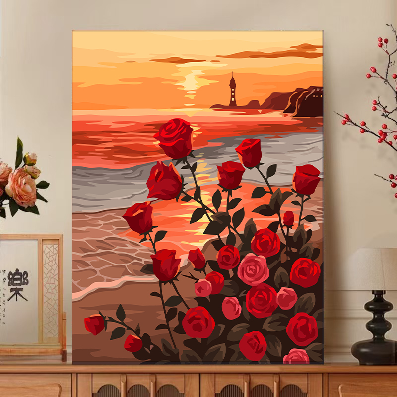 玫瑰花数字油画diy手绘填色郁金香唯美花朵丙烯填充画客厅装饰画