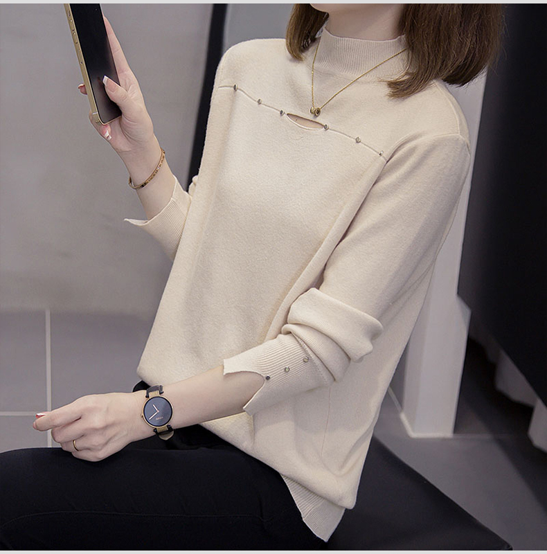 6251大码女装半高领镂空长袖针织衫秋季减龄内搭毛衣遮肚子打底衫