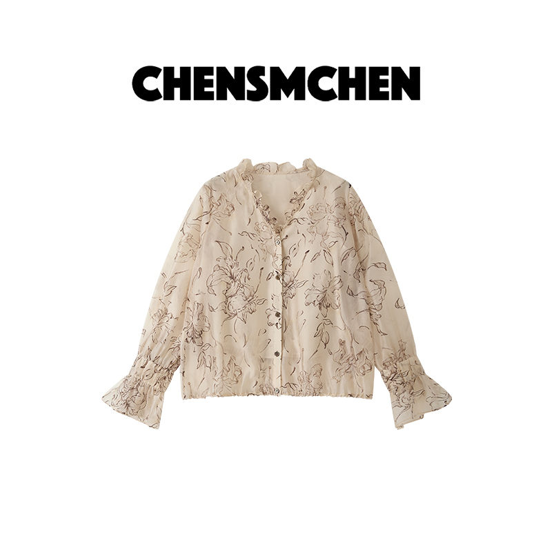 CHENSMCHEN 铜氨印花米杏色女春百搭时尚长袖衬衫上衣CMC01921JX