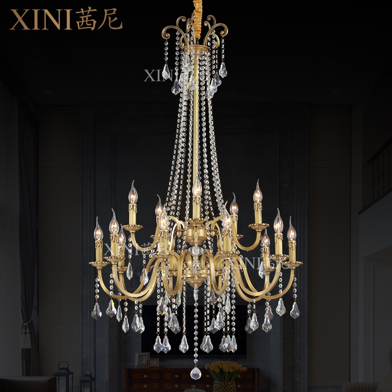新品法式美式轻奢全铜餐厅客厅吊灯复式楼梯灯大气别墅水晶大吊灯