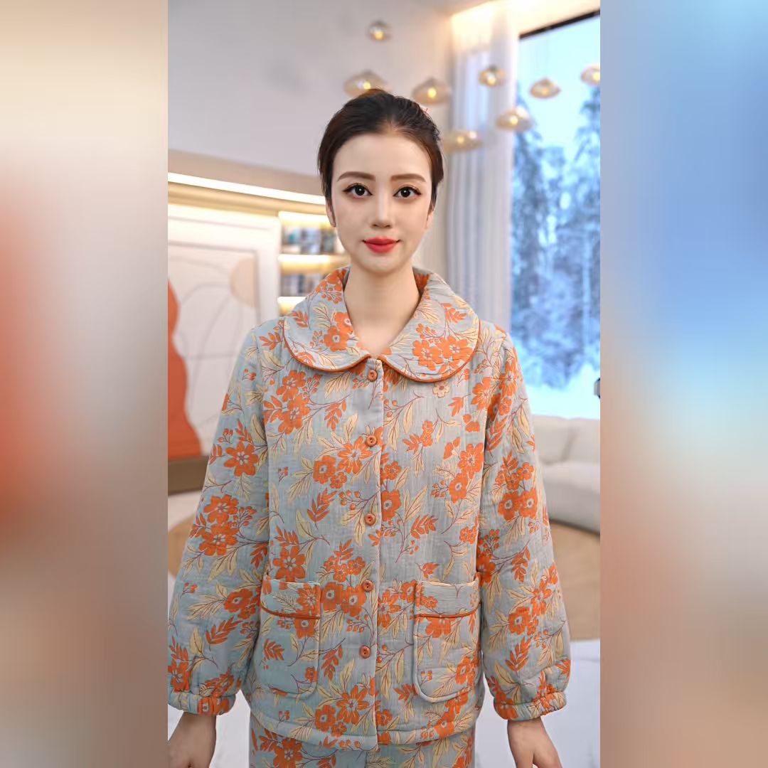 梭织印花复合绒扣领长袖长裤女套家居服