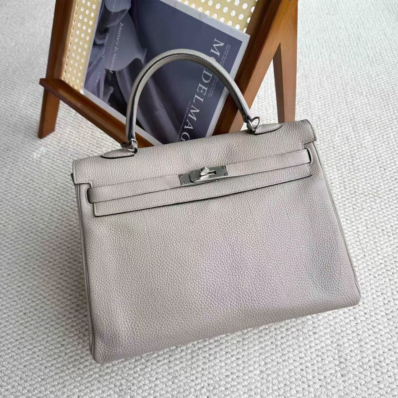 99新 Hermes/爱马仕 kelly35 斑鸠灰 Togo皮 框N刻