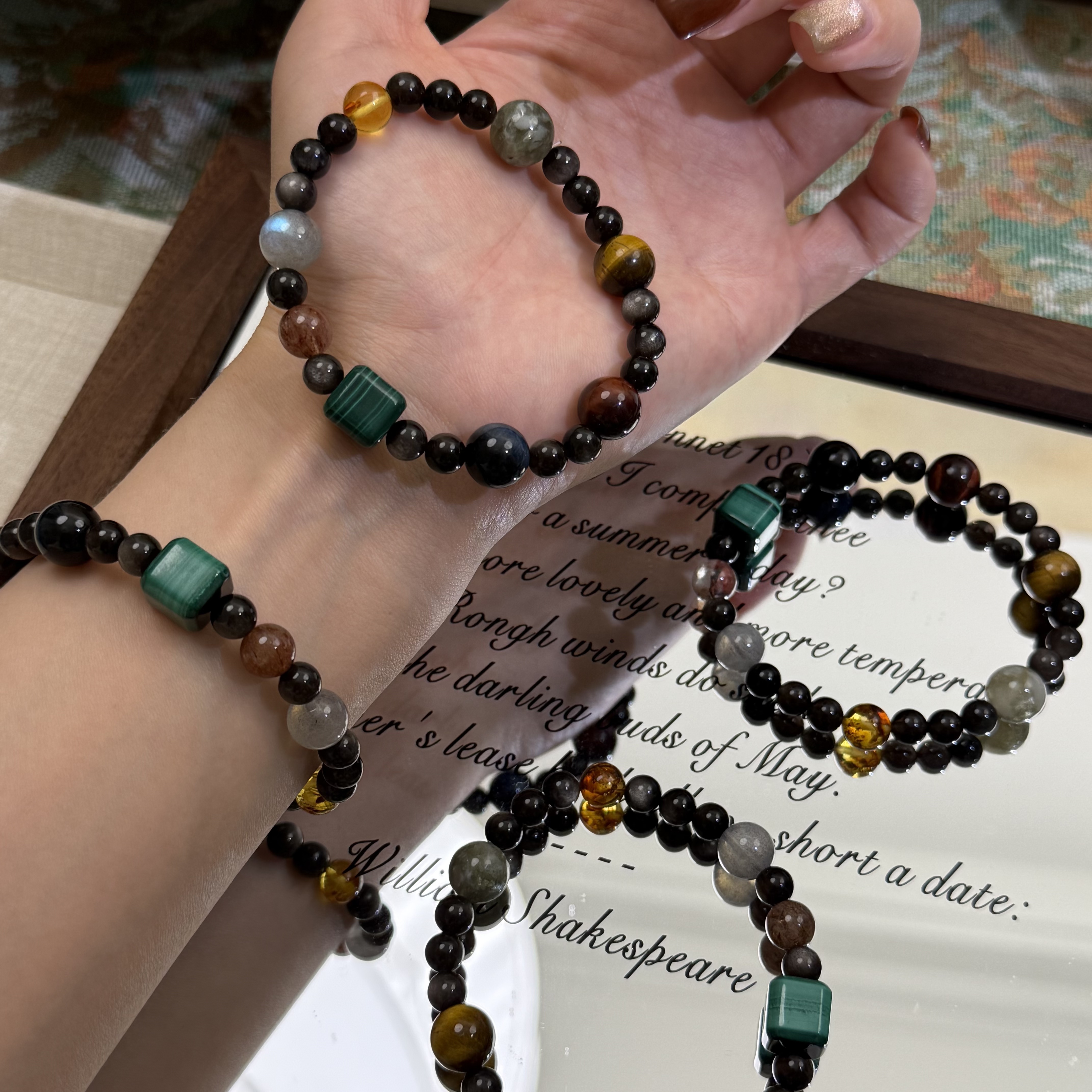 Y45【破晓】银曜石多宝6咪＋10咪顶珠孔雀石方糖多样性发其一