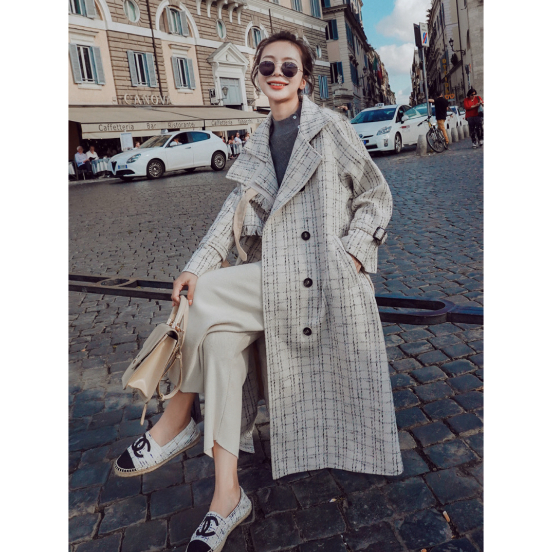 M-XL南油秋新款宽松流行格子过膝时尚外套大衣DY05