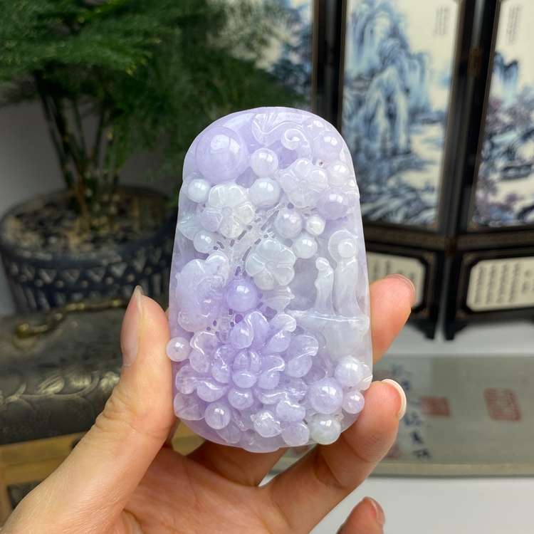 老种紫罗兰花开见佛悟道挂件 天然翡翠A货