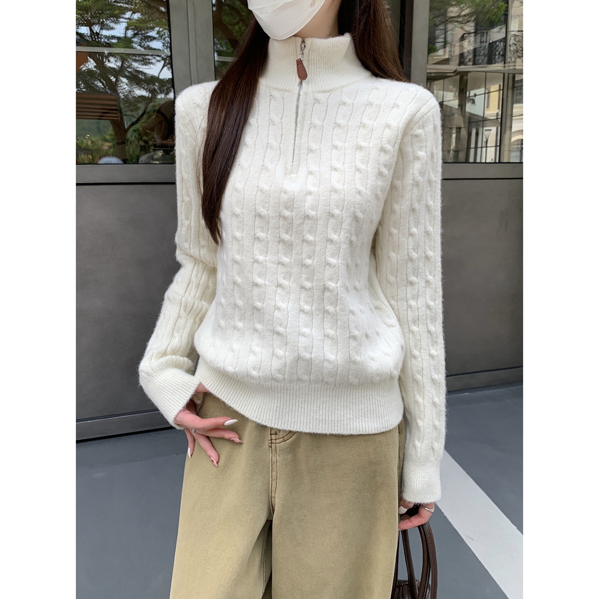 秋冬韩版软糯温柔半拉链立领麻花针织衫宽松毛衣女打底衫上衣