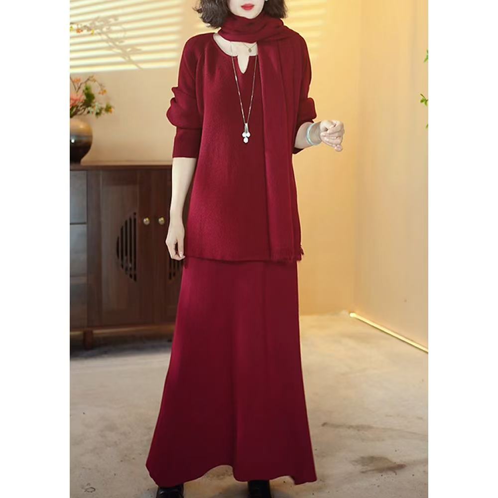 【X369】2025新款山羊绒时尚百搭宽松【上衣+裙子+围巾】套装