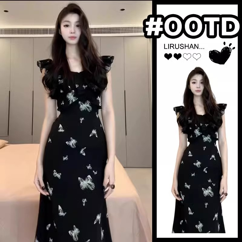 小飞袖连衣裙女夏季设计感印花小黑裙胖MM遮肚显瘦赫本风裙子
